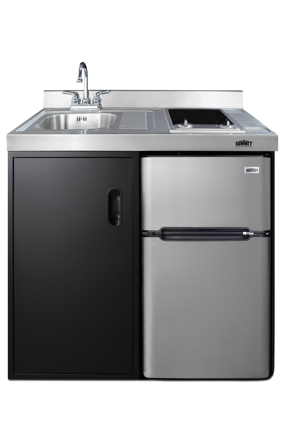 39 inch wide all-in-one kitchenette in black with a 2-burner 115V smooth-top cooktop, 2-door refrigerator-freezer, sink, and storage cabinet